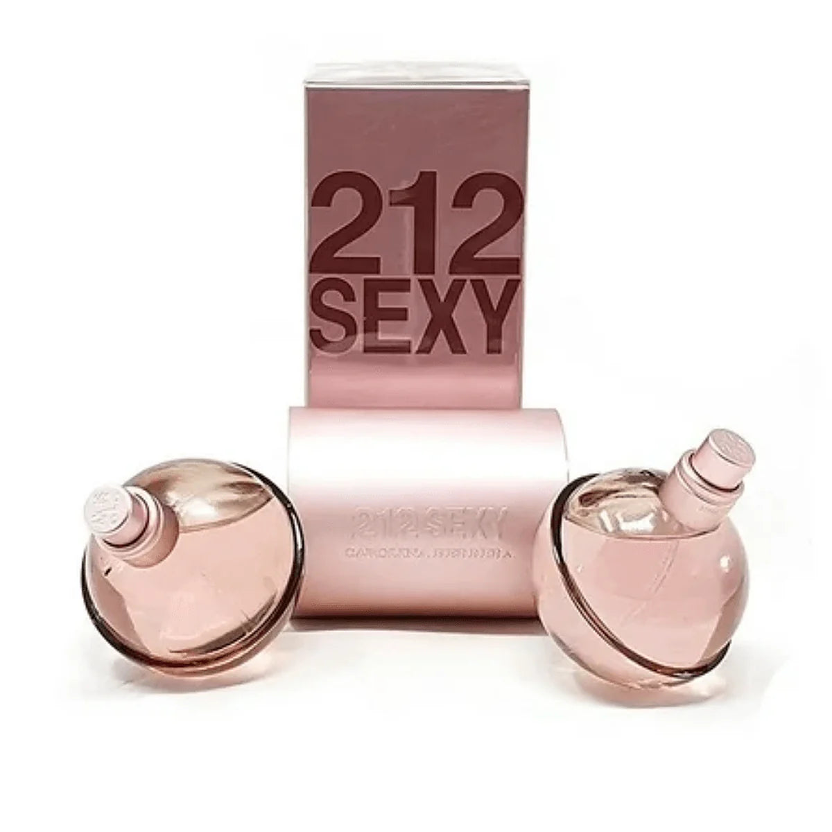 Frasco de Carolina Herrera 212 Sexy EDP 100ml, con diseño curvo, tonos metálicos rosados y acabado elegante.