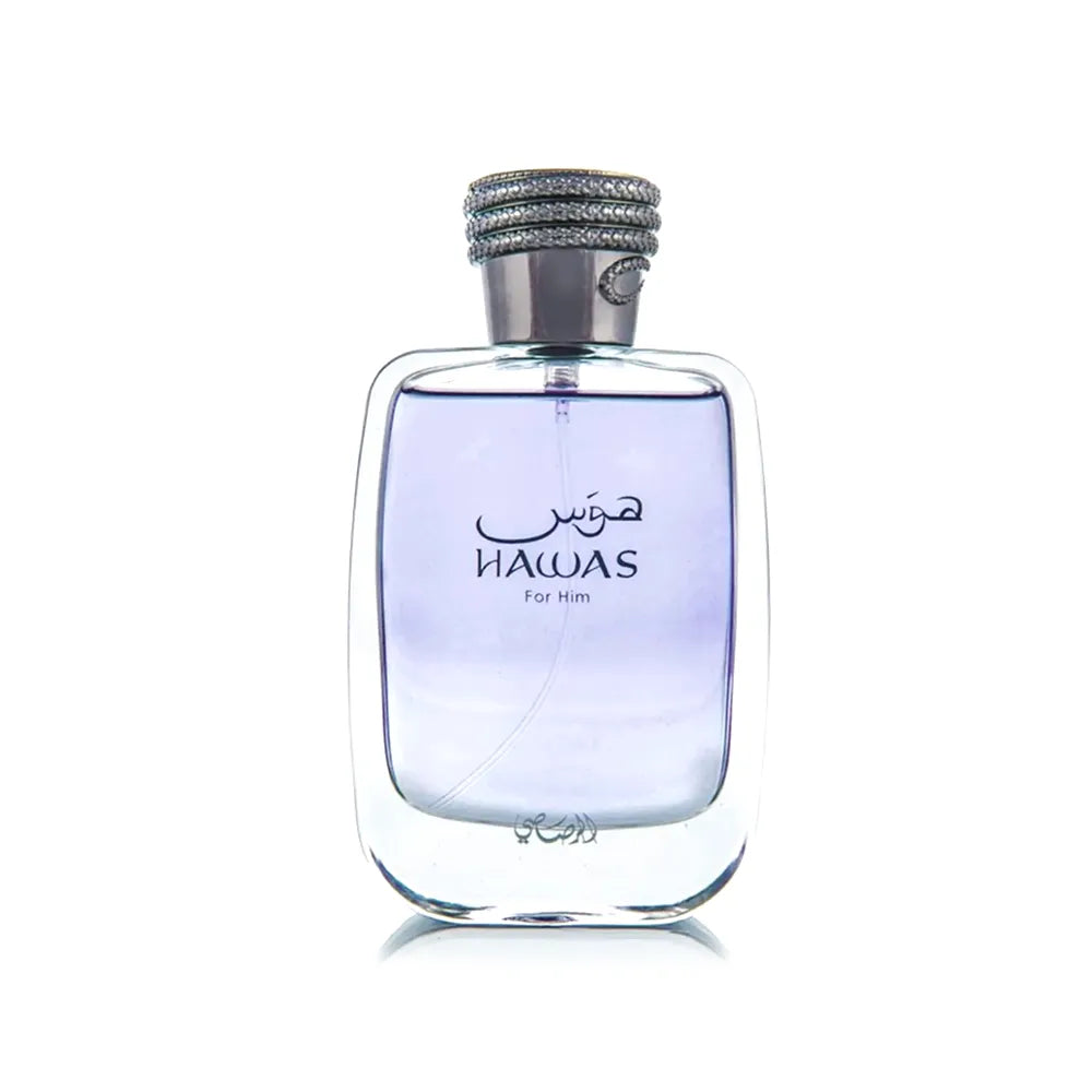 Detalle del frasco de Hawas For Him de Rasasi, fragancia masculina cítrica y acuática