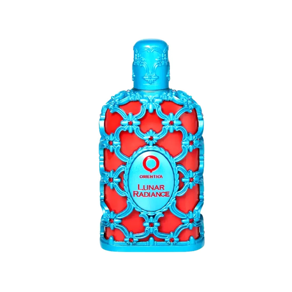 detalle del frasco de orientica lunar radiance, perfume floral almizclado unisex