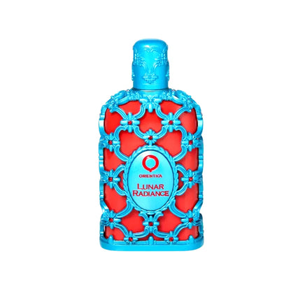 detalle del frasco de orientica lunar radiance, perfume floral almizclado unisex