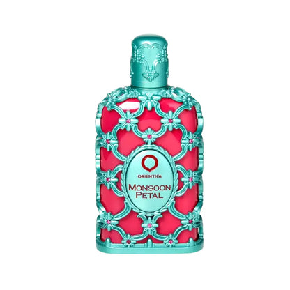 detalle del frasco de orientica monsoon petal, perfume cítrico aromático unisex