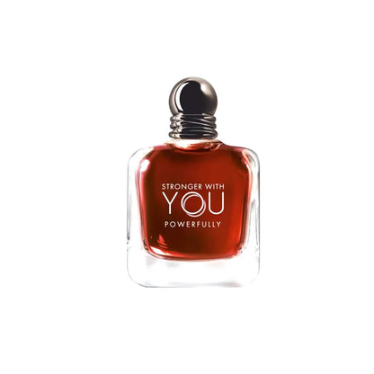 detalle del frasco rojo de stronger with you powerfully, perfume masculino de giorgio armani