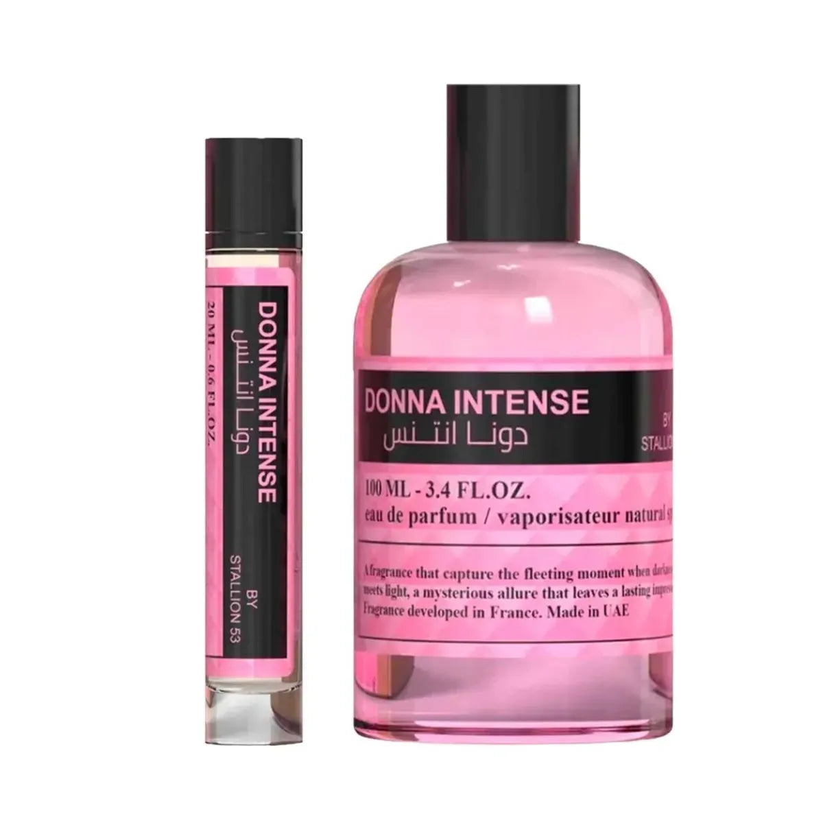 Frasco del perfume oriental floral Donna Intense by Stallion 53 con atomizador dorado