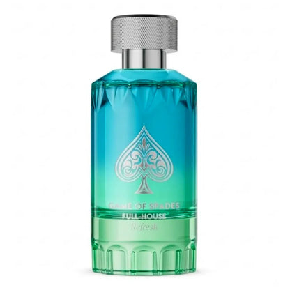 Frasco de Game of Spades Full House Refresh Jo Milano 100 ml, perfume unisex fresco y ambarado