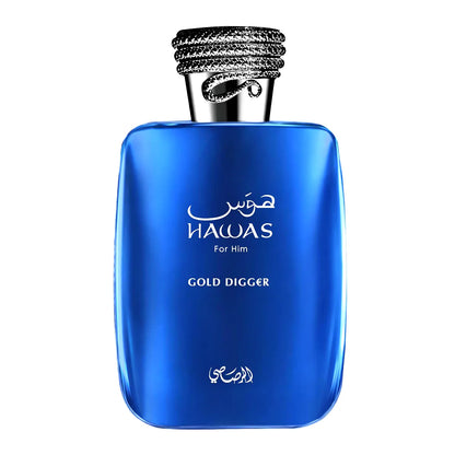 Frasco de Hawas Gold Digger Rasasi 100 ml EDP, perfume masculino amaderado y ambarado