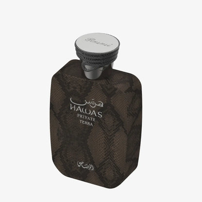 Frasco de Hawas Private Terra Rasasi 100 ml EDP, perfume unisex amaderado y especiado
