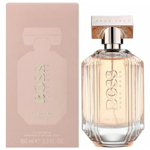 Frasco de Hugo Boss The Scent For Her EDP 100ml, perfume femenino de diseño elegante con aroma dulce, floral y afrutado
