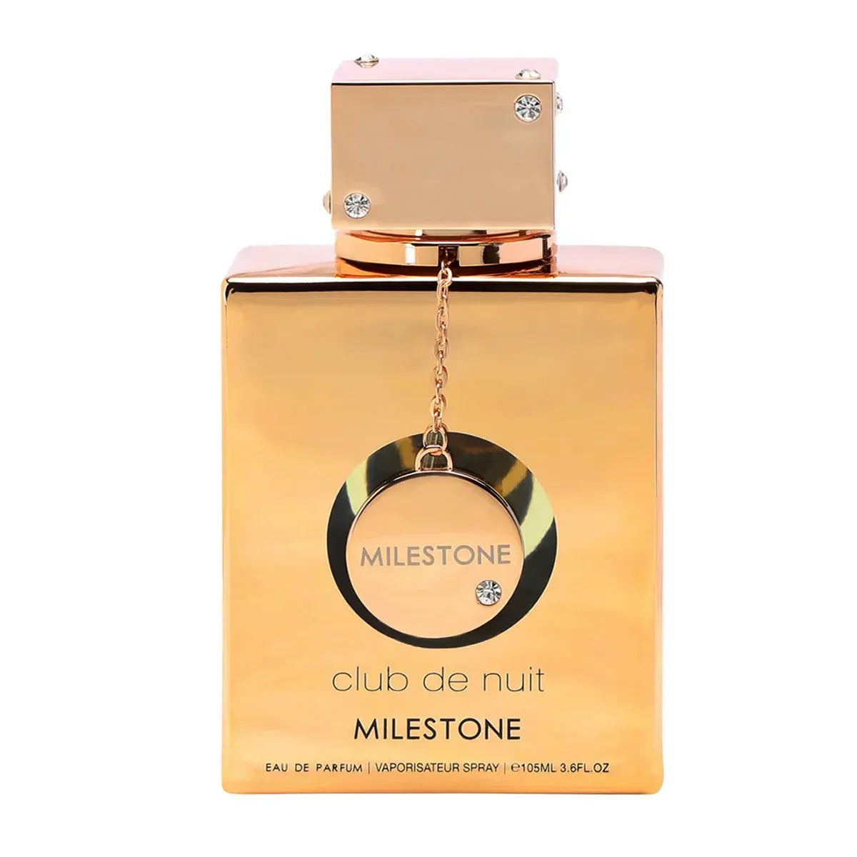 Frasco metálico tono dorado espejado del perfume unisex Armaf Club De Nuit Milestone 105ml