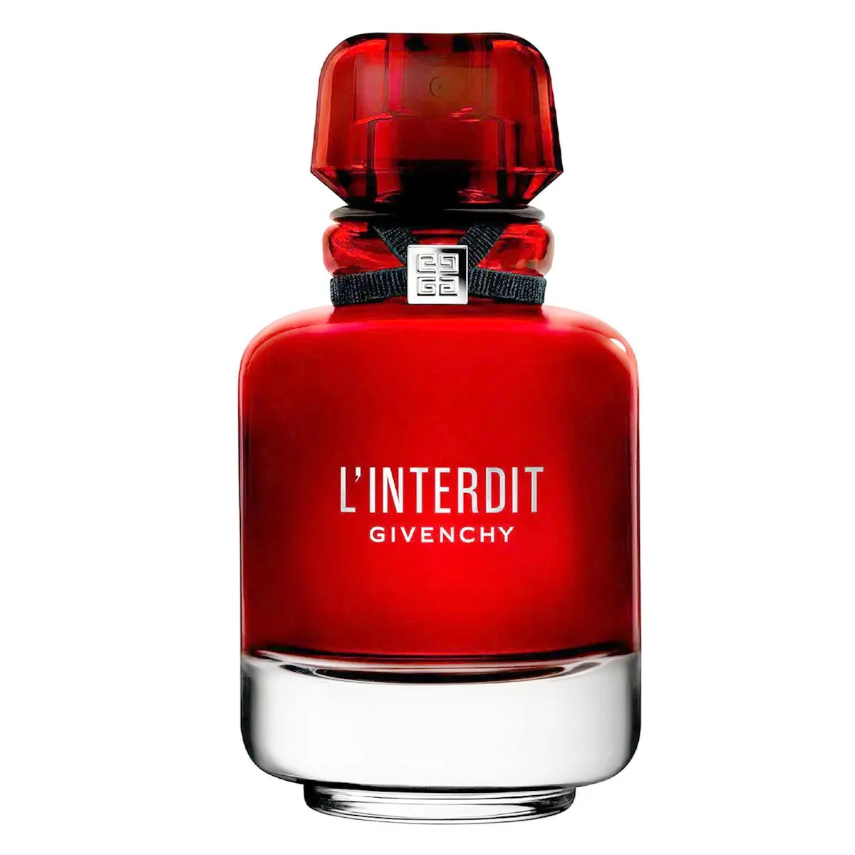 Frasco de cristal traslúcido lacado en color rojo pasión del perfume Givenchy L'Interdit Rouge