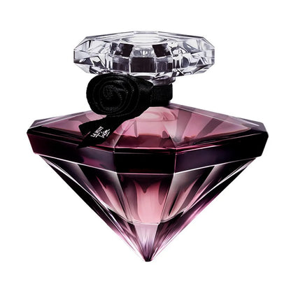 Frasco en forma de diamante negro tallado con rosa de raso del perfume Lancôme La Nuit Trésor