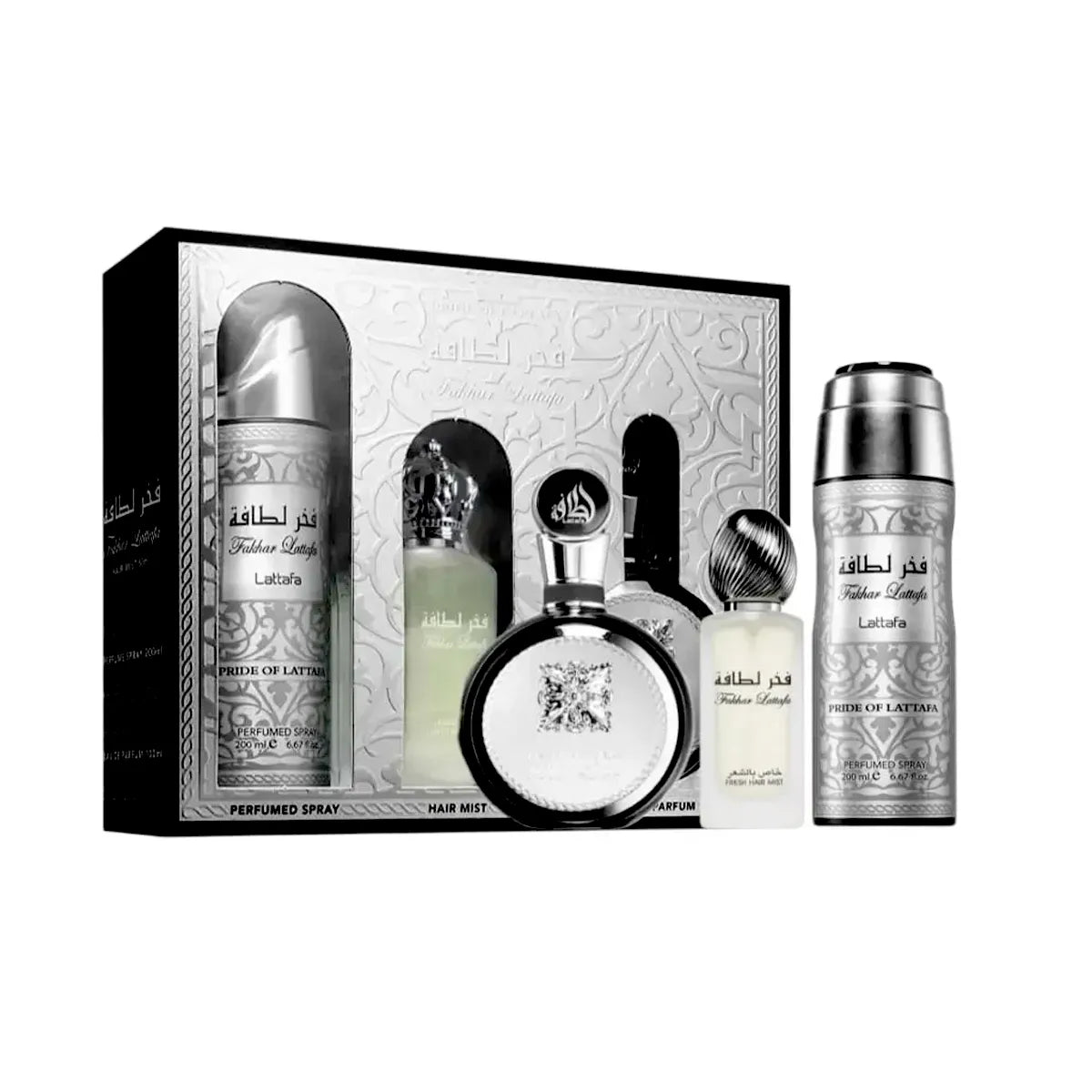 Frasco del perfume árabe Lattafa Fakhar EDP con diseño esculpido del set estuche