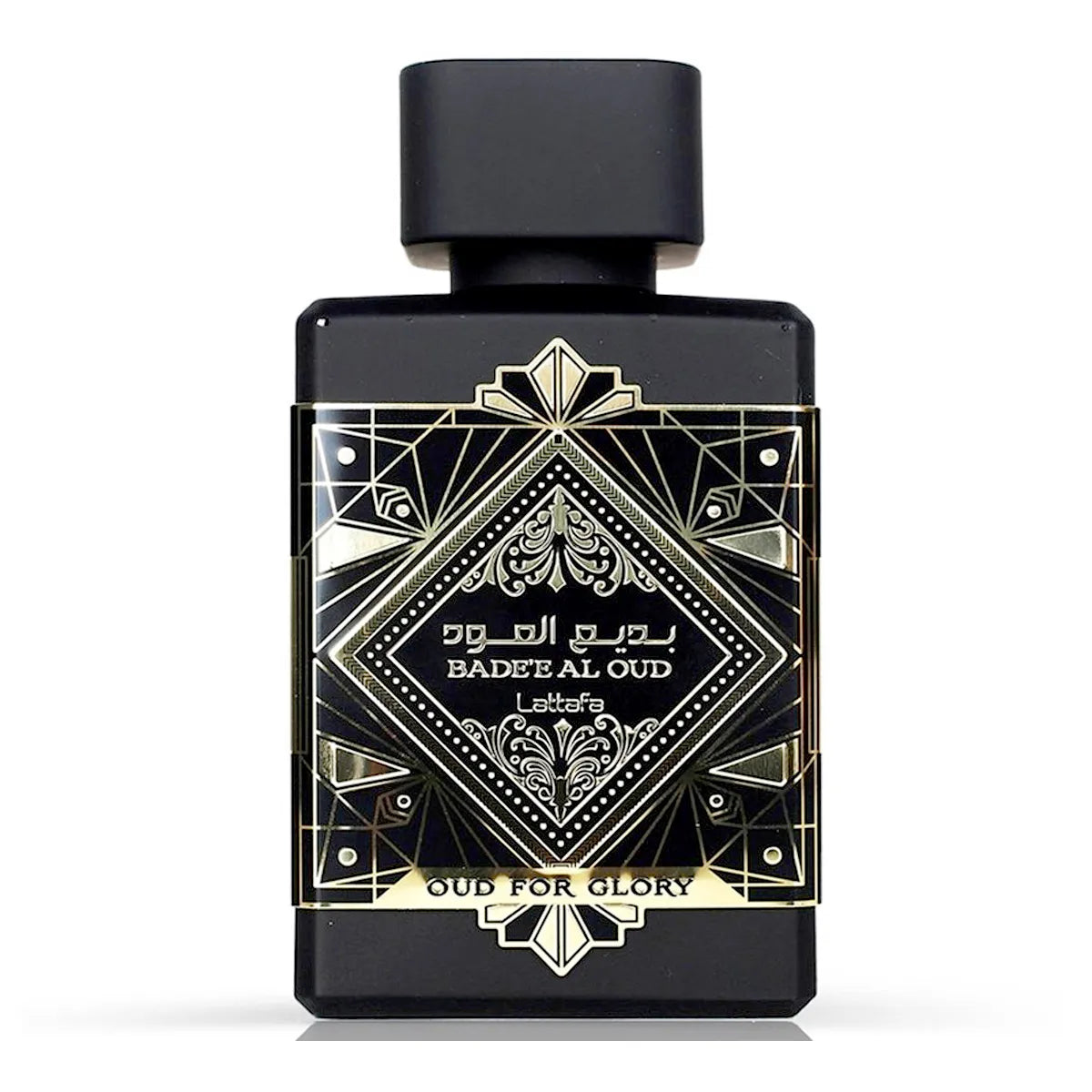 Frasco negro con relieves dorados del perfume árabe Lattafa Oud For Glory EDP