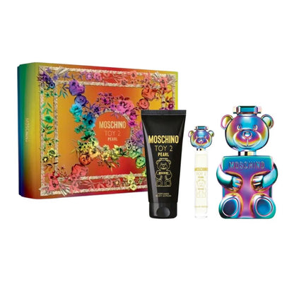 Frasco del perfume Moschino Toy 2 Pearl EDP con acabado iridiscente del set estuche
