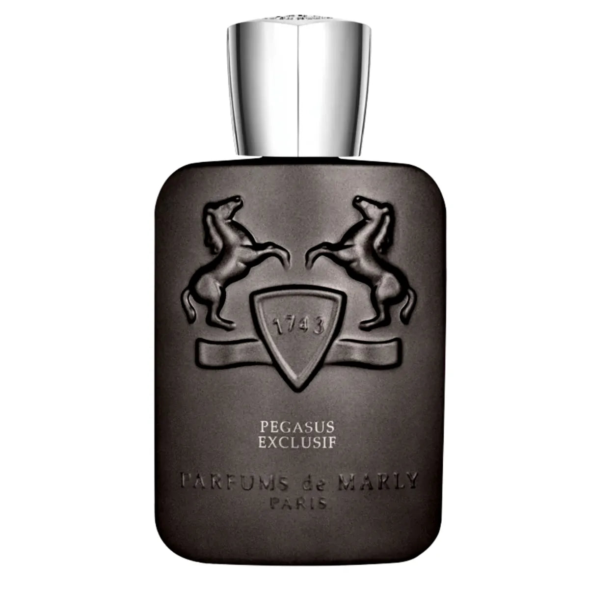 Frasco metalizado mate en tono plateado oscuro del perfume Parfums De Marly Pegasus Exclusif 125ml