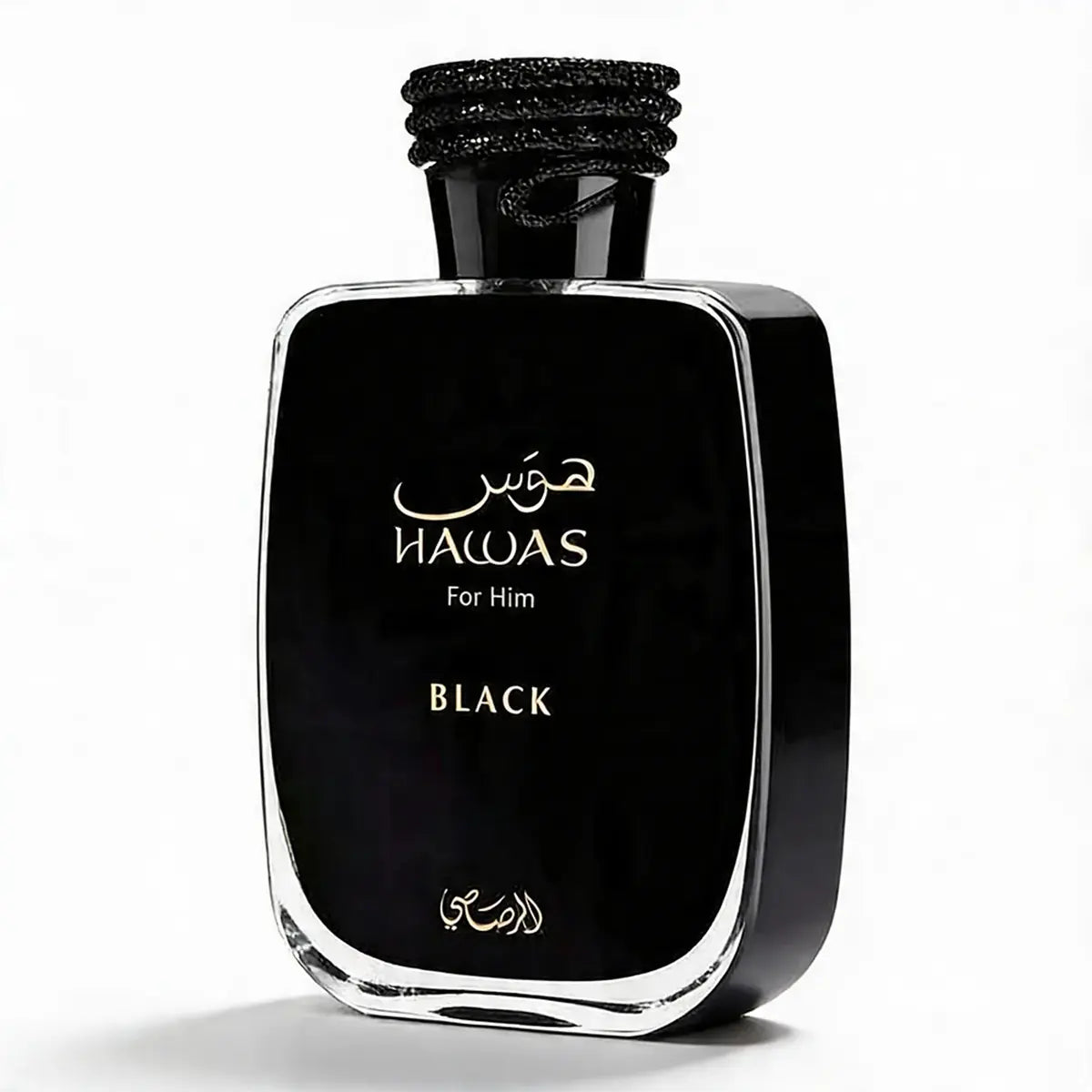Frasco de Rasasi Hawas Black EDP 100ml, perfume masculino de diseño oscuro con aroma fresco y amaderado