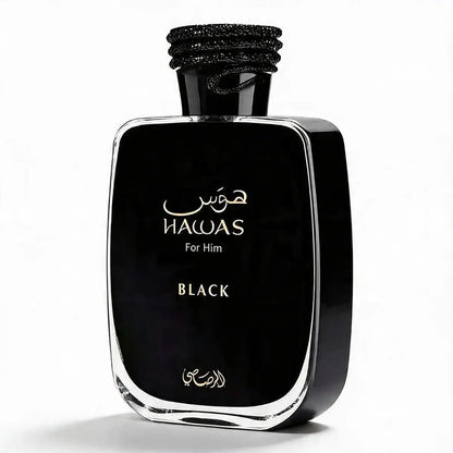 Frasco de Rasasi Hawas Black EDP 100ml, perfume masculino de diseño oscuro con aroma fresco y amaderado