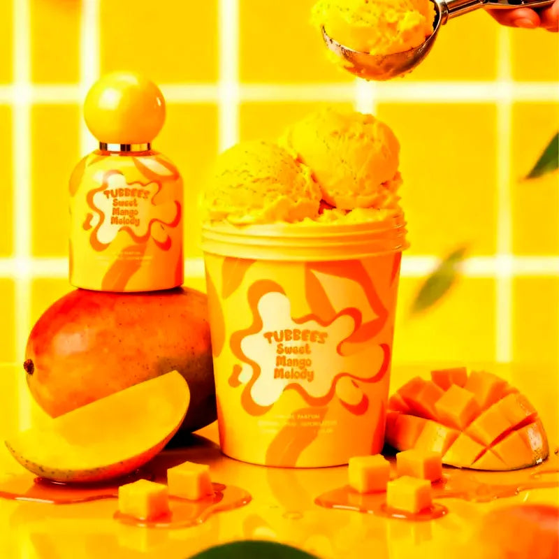 Detalle del frasco Sweet Mango Melody Tubbees fragancia frutal dulce unisex