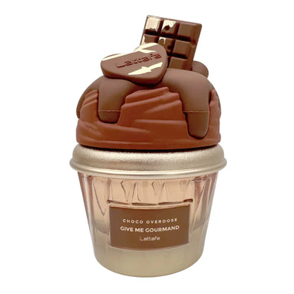 Frasco del perfume Lattafa Choco Overdose con diseño atractivo
