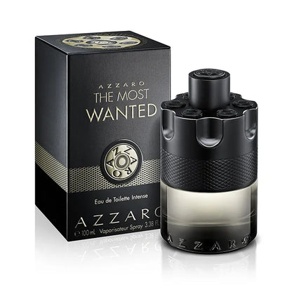 detalle del frasco azzaro the most wanted eau de toilette intense 100ml con acabado metálico y forma cilíndrica