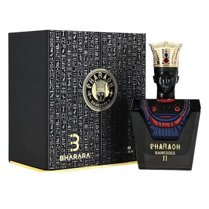 detalle del frasco bharara pharaoh ramesses 2 parfum 100ml con forma elegante y decoración temática faraónica