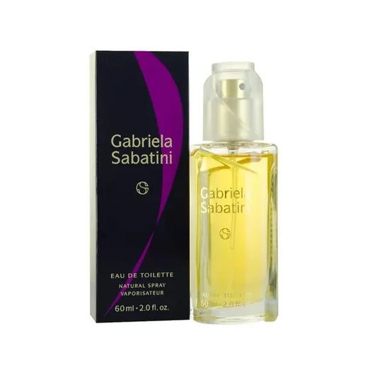 Botella blanca de Gabriela Sabatini EDT 60ml con diseño elegante y detalles dorados