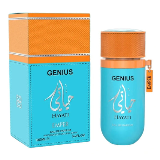 Frasco del perfume Genius Hayati Emper 100 ml con diseño elegante y tonalidad oscura