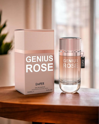 Vista frontal del perfume Genius Rose Emper mostrando su frasco elegante