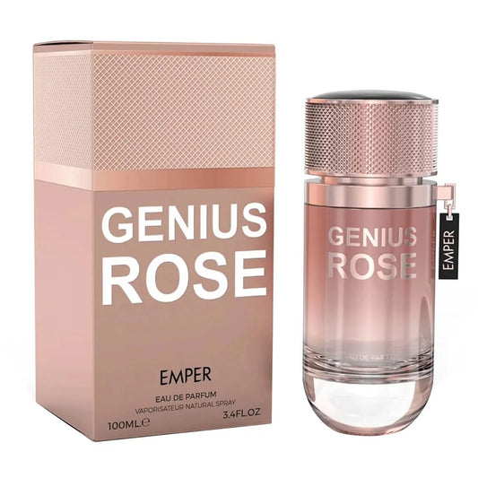 Frasco del perfume Genius Rose Emper 100 ml con diseño femenino y tonos rosados