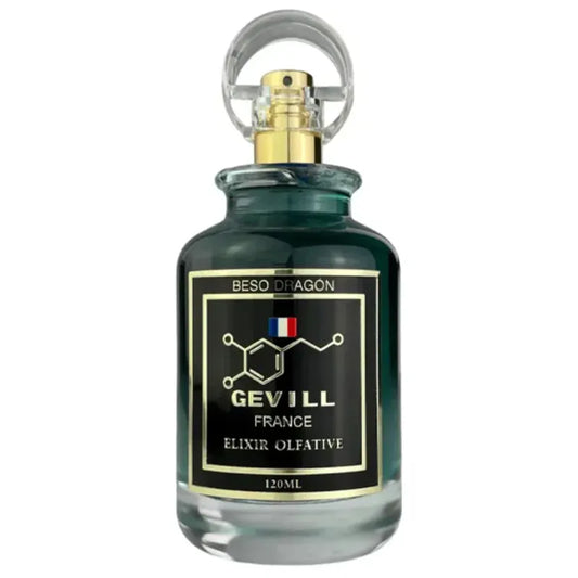 Botella roja intenso de Beso Dragón Gevill France Elixir 120ml con diseño de dragón en relieve y detalles negros