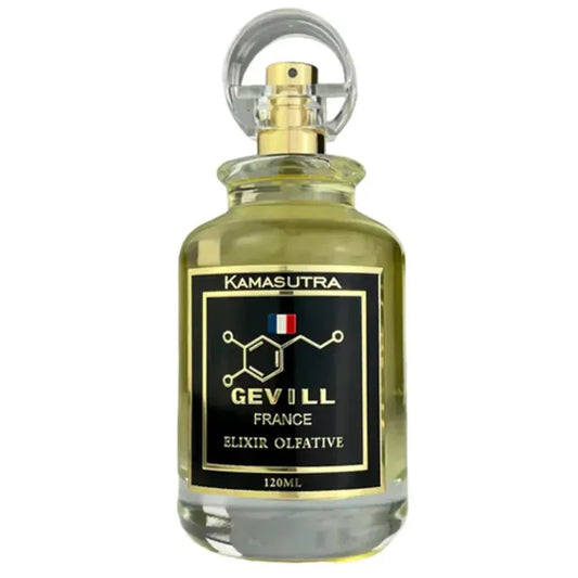 Botella negra de Kamasutra Gevill France Elixir 120ml con diseño sensual y detalles dorados