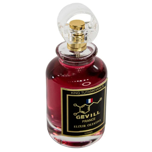 Botella dorada de King Tutankhamun Gevill Elixir 120ml con jeroglíficos y diseño faraónico