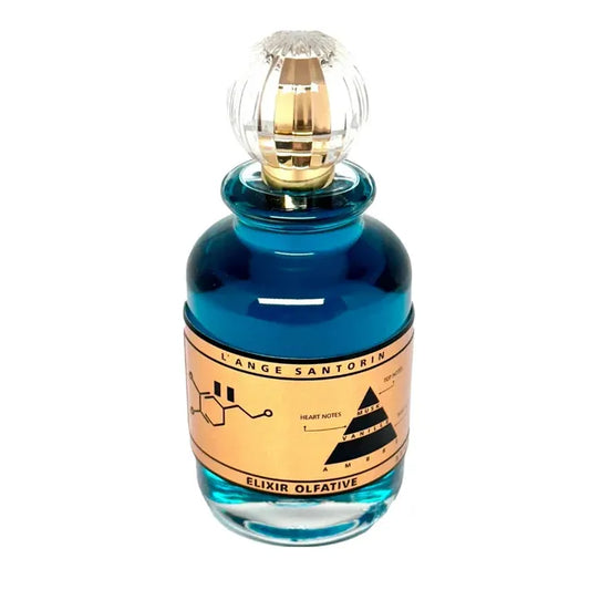 Botella azul turquesa de Gevill L'ange Santorini Elixir 120ml con diseño inspirado en el mar Egeo