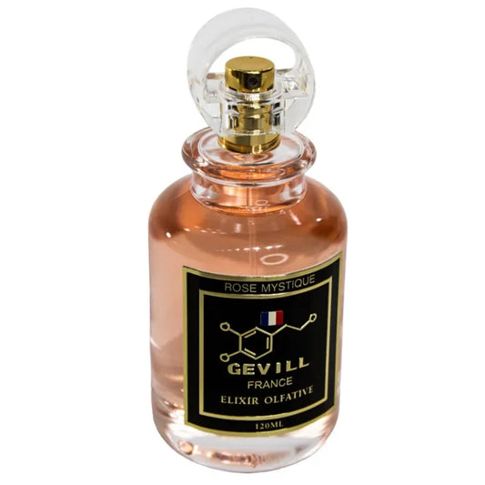 frasco del perfume rose mystique de gevill france elixir olfative 120ml con aroma floral elegante y femenino ideal para uso diario
