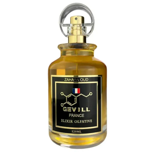 frasco de perfume zahara oud gevill france 120ml elixir olfative fragancia unisex con notas amaderadas orientales intensas