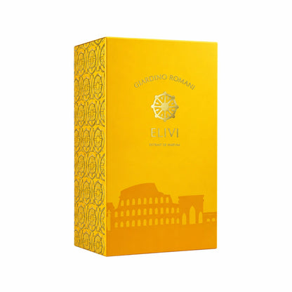 Empaque amarillo de Elivi Giardino Romani Extrait de Parfum de 50 ml con motivos geométricos y silueta del Coliseo sobre fondo blanco