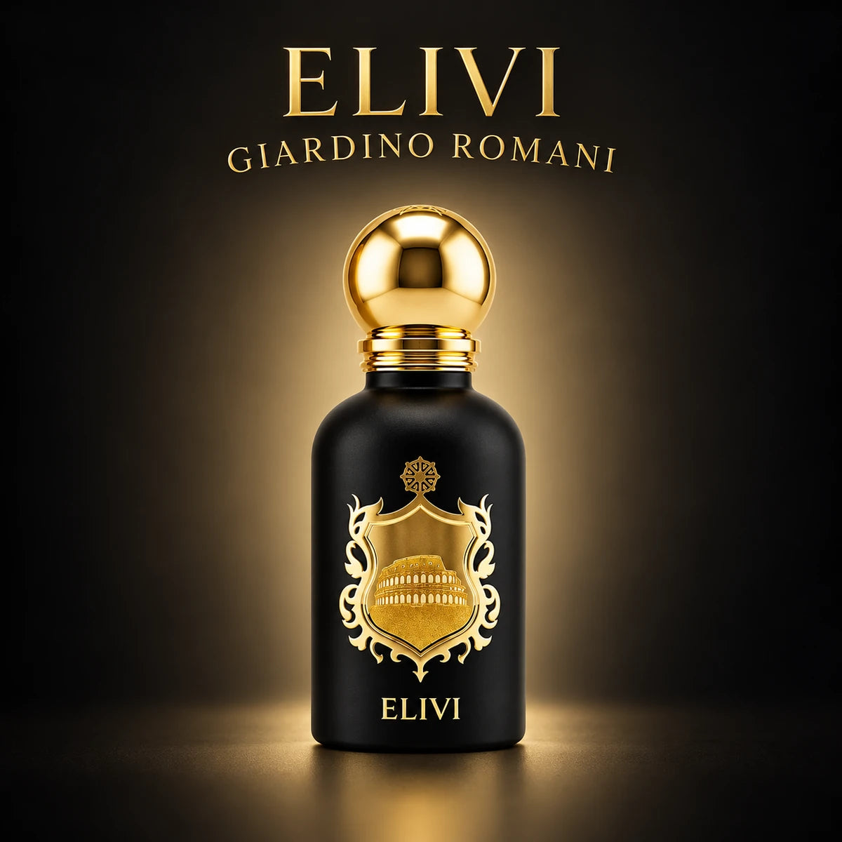 Elivi Giardino Romani de 50 ml sobre fondo negro con iluminación dorada y la marca y la referencia en la parte superior