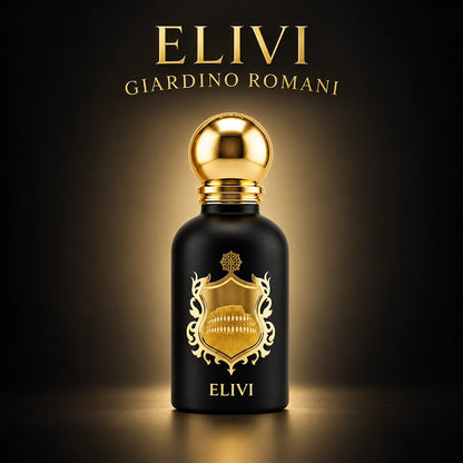 Elivi Giardino Romani de 50 ml sobre fondo negro con iluminación dorada y la marca y la referencia en la parte superior