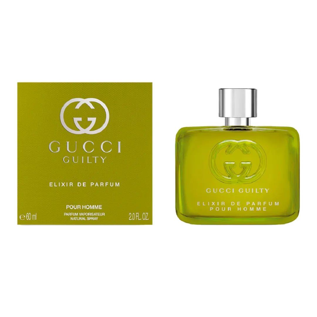 Frasco del perfume Gucci Guilty Elixir Hombre 60 ml con diseño elegante y tonos intensos