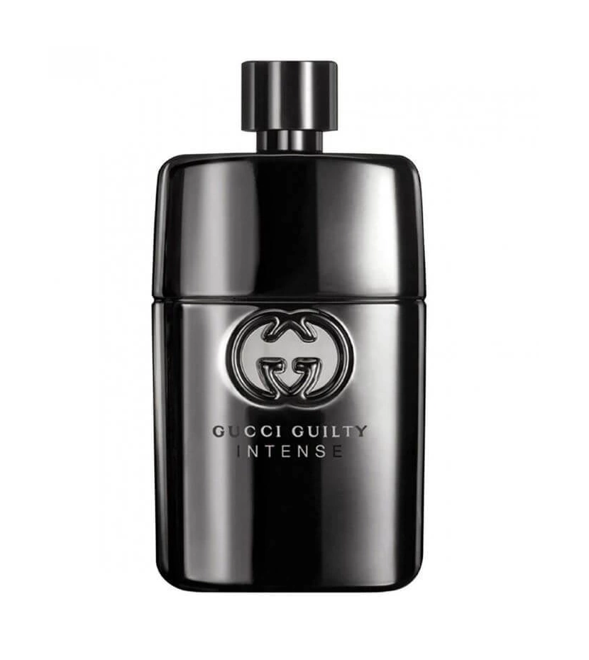 Vista frontal del perfume Gucci Guilty Intense mostrando su botella metálica distintiva