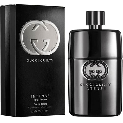 Frasco del perfume Gucci Guilty Intense Hombre 90 ml con diseño elegante en tonos oscuros