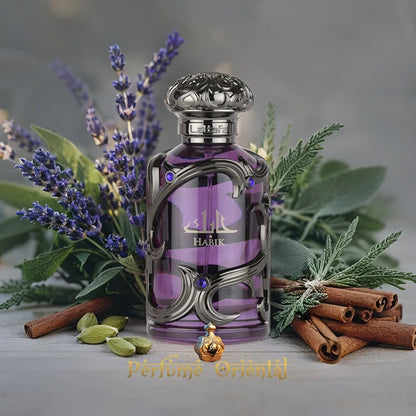 Vista frontal del perfume Habik For Men mostrando el frasco elegante y robusto