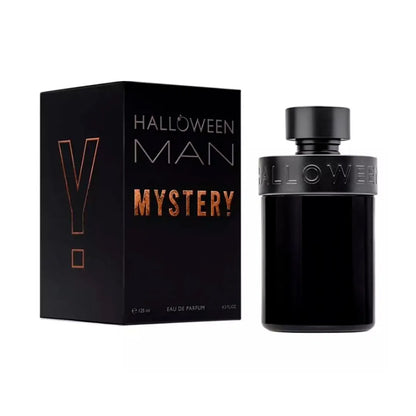 Botella negra Halloween Man Mystery EDP 125ml con detalles naranjas y diseño misterioso