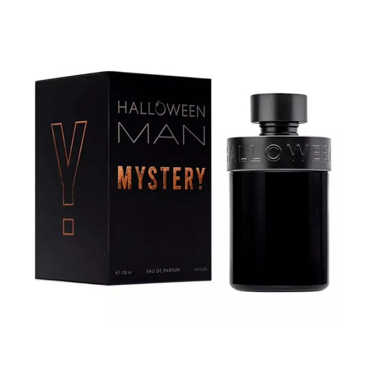 Botella negra Halloween Man Mystery EDP 125ml con detalles naranjas y diseño misterioso