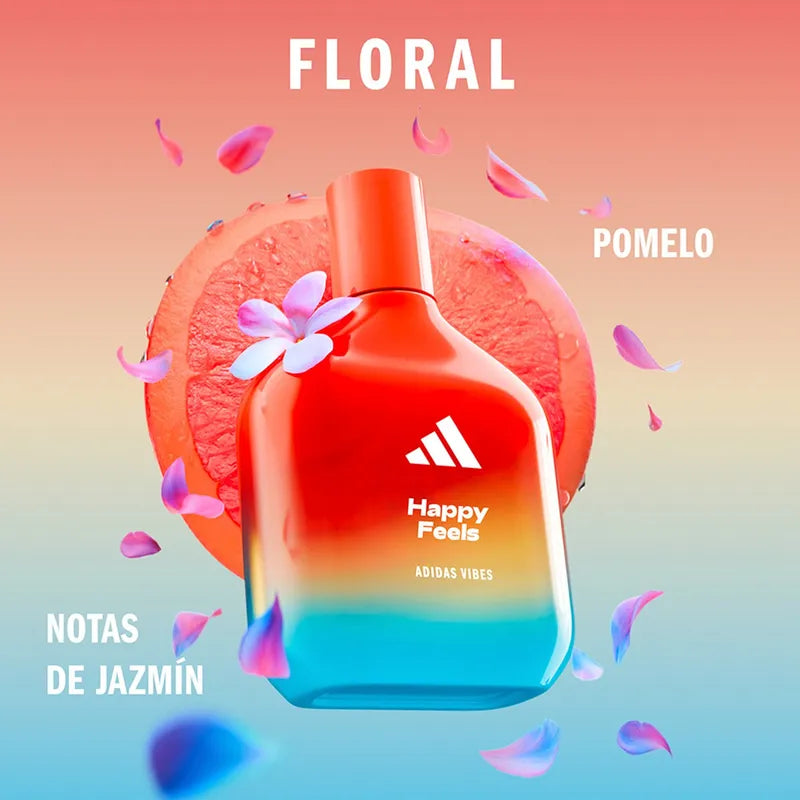 Alt: Perfume Adidas Happy Feels Vibes en ángulo lateral
