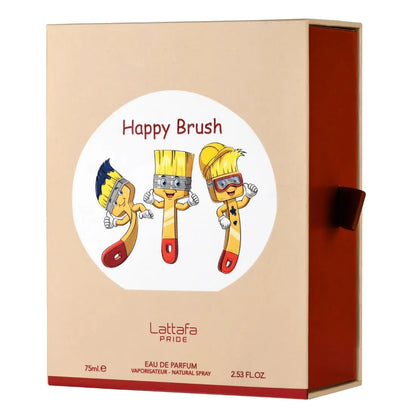 imagen de la caja del perfume happy brush lattafa pride junto al frasco infantil
