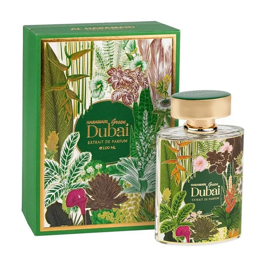 frasco de perfume green dubai al haramain 100ml extrait de parfum fragancia unisex elegante con notas verdes y orientales