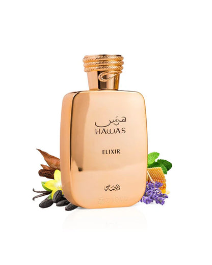 Vista frontal del perfume Hawas Elixir de Rasasi mostrando su botella con detalles metálicos y tapón brillante