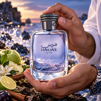 Vista completa de Hawas For Him de Rasasi 100 ml con notas frescas y acuáticas