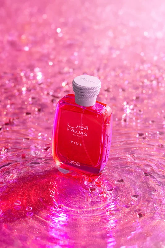 presentación del perfume Hawas Pink Rasasi con frasco y empaque original