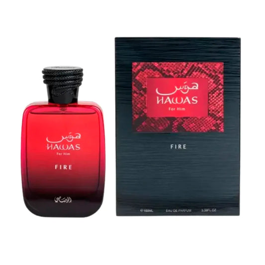 imagen del perfume hawas fire rasasi mostrando su frasco rojo intenso con detalles metálicos brillantes